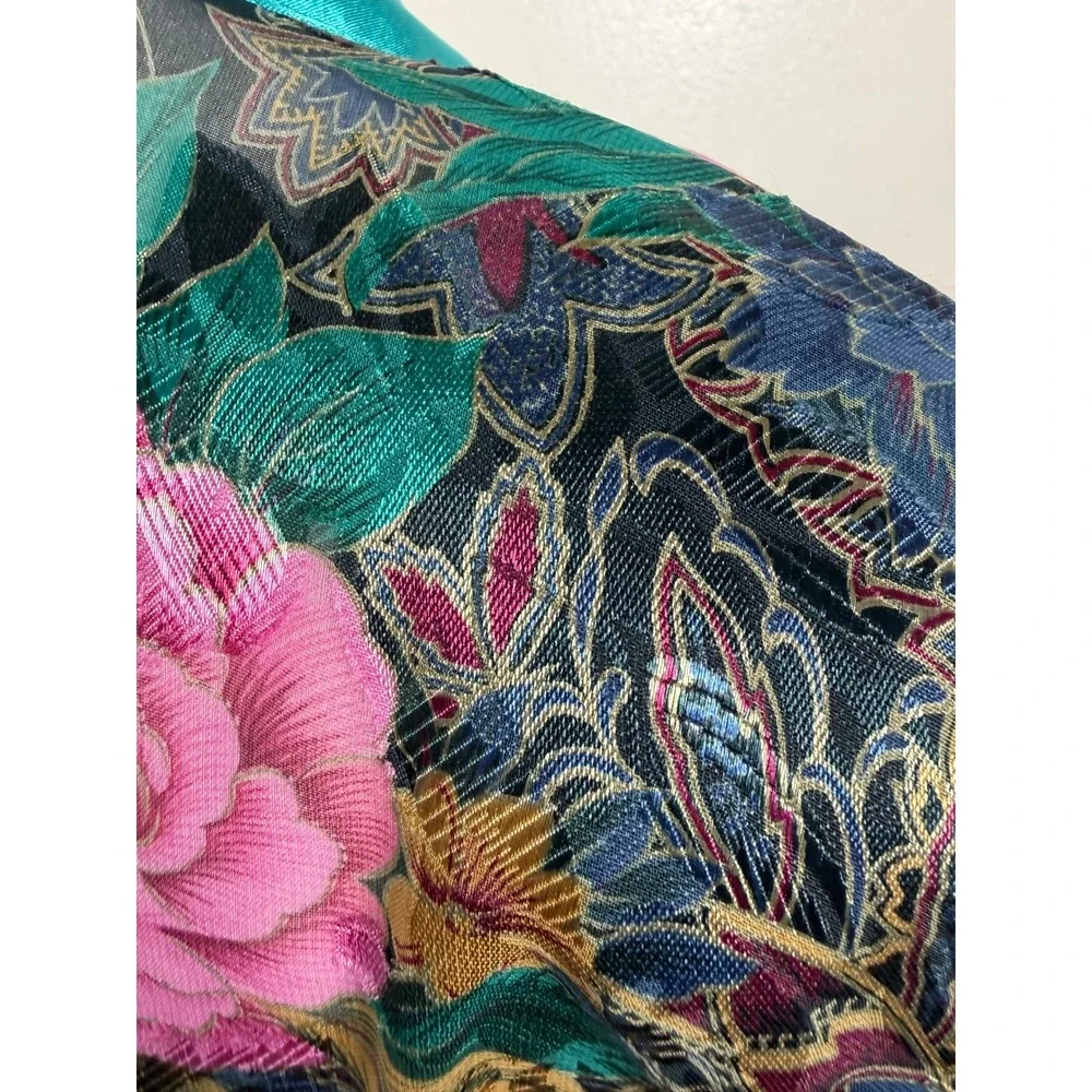 Inner Most Sears Vintage Long Floral Kimono Robe Teal‎ Trim Sheer Women Size L